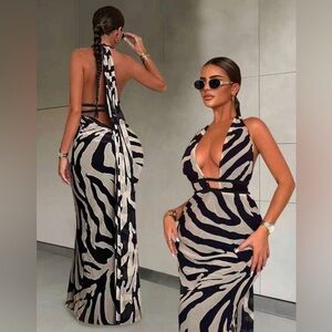 Elegant Zebra Print Halter Dress